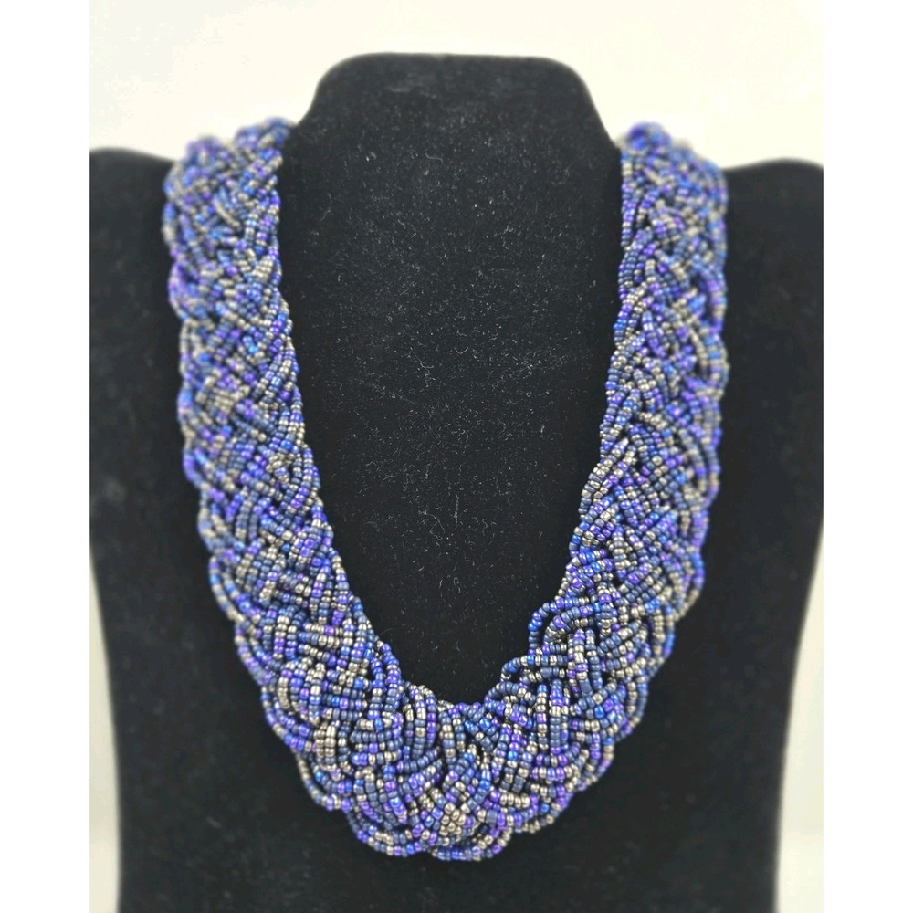 Vtg Braided Multi-strand Seed Bead Necklace Bluish Purple & Gold Beads 18"+